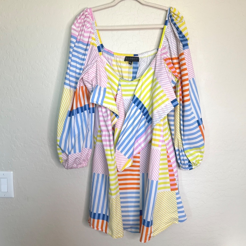 Eloquii Womens Cotton Striped Patchwork Mini Dress 16 Multi Balloon Boho Preppy